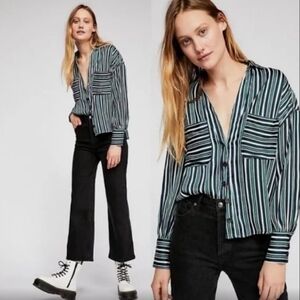 Free People Mad About You Button Down Tee Silky Striped Collar Small Blouse
